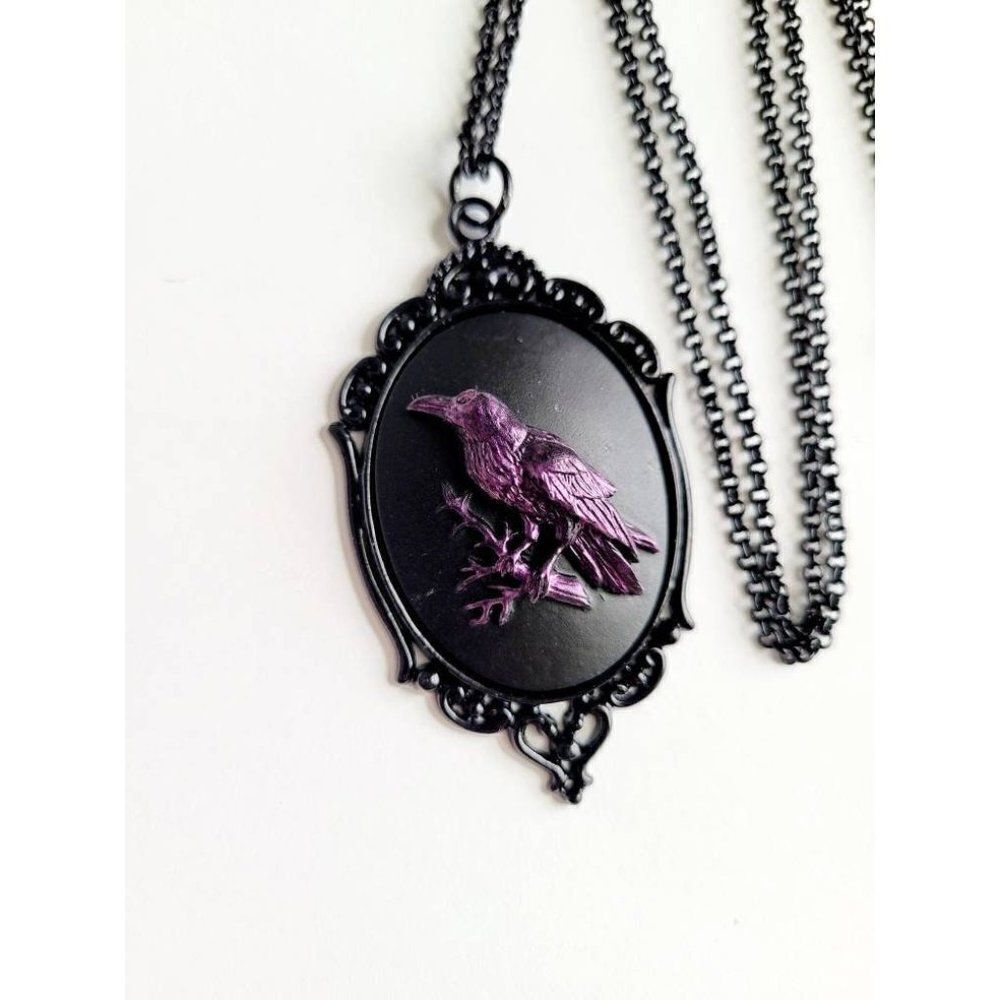 Purple Iridescent Raven Crow Gothic Rockabilly Cameo Black Necklace Pendant